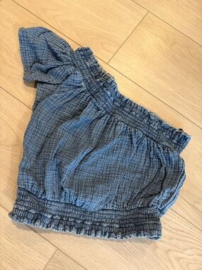 aerie Blue Smocked Off-Shoulder Crop Top